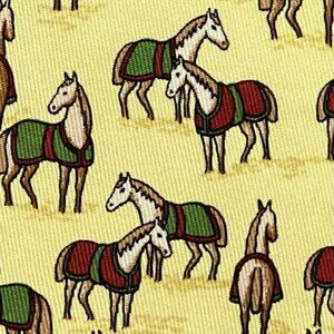 100% REAL  HERMES TIE ~ YELLOW / WHIMSICAL BROWN GREEN RACE HORSES BLANKETS